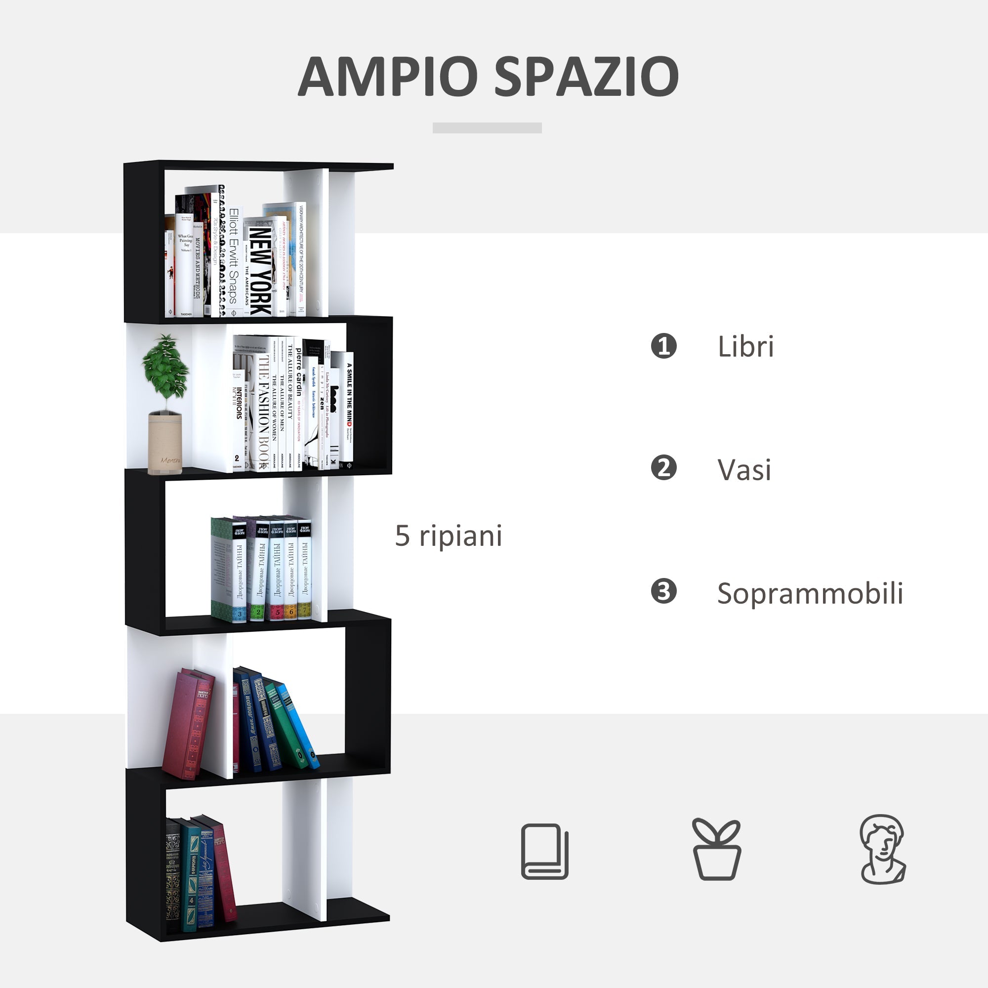 Libreria da Muro Moderna 5 Ripiani in Legno Bianco e Nero 60x24x1184.5 cm