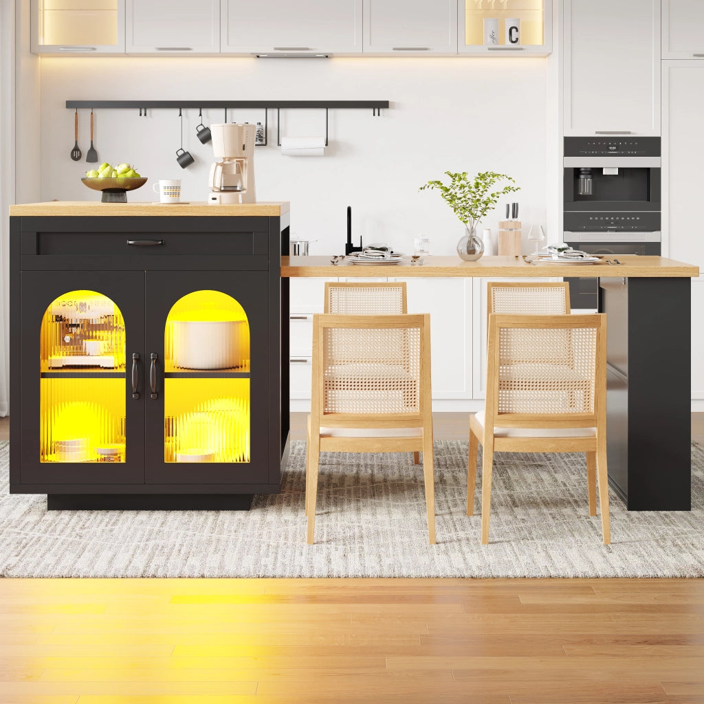 Isola da cucina estraibile con LED - Zephmum - 2 cassetti, ante in vetro, piano in MDF