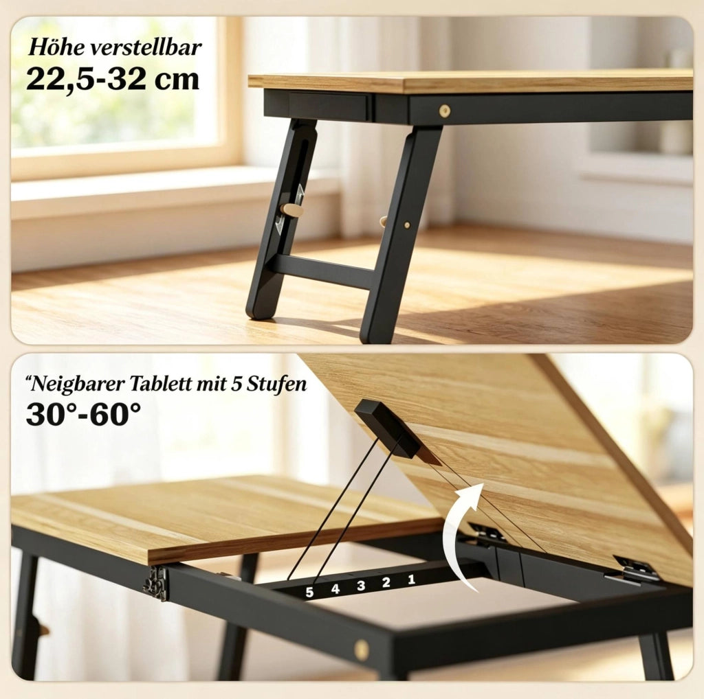 Tavolino per laptop pieghevole regolabile con cassetto; bambù e MDF; rovere e nero