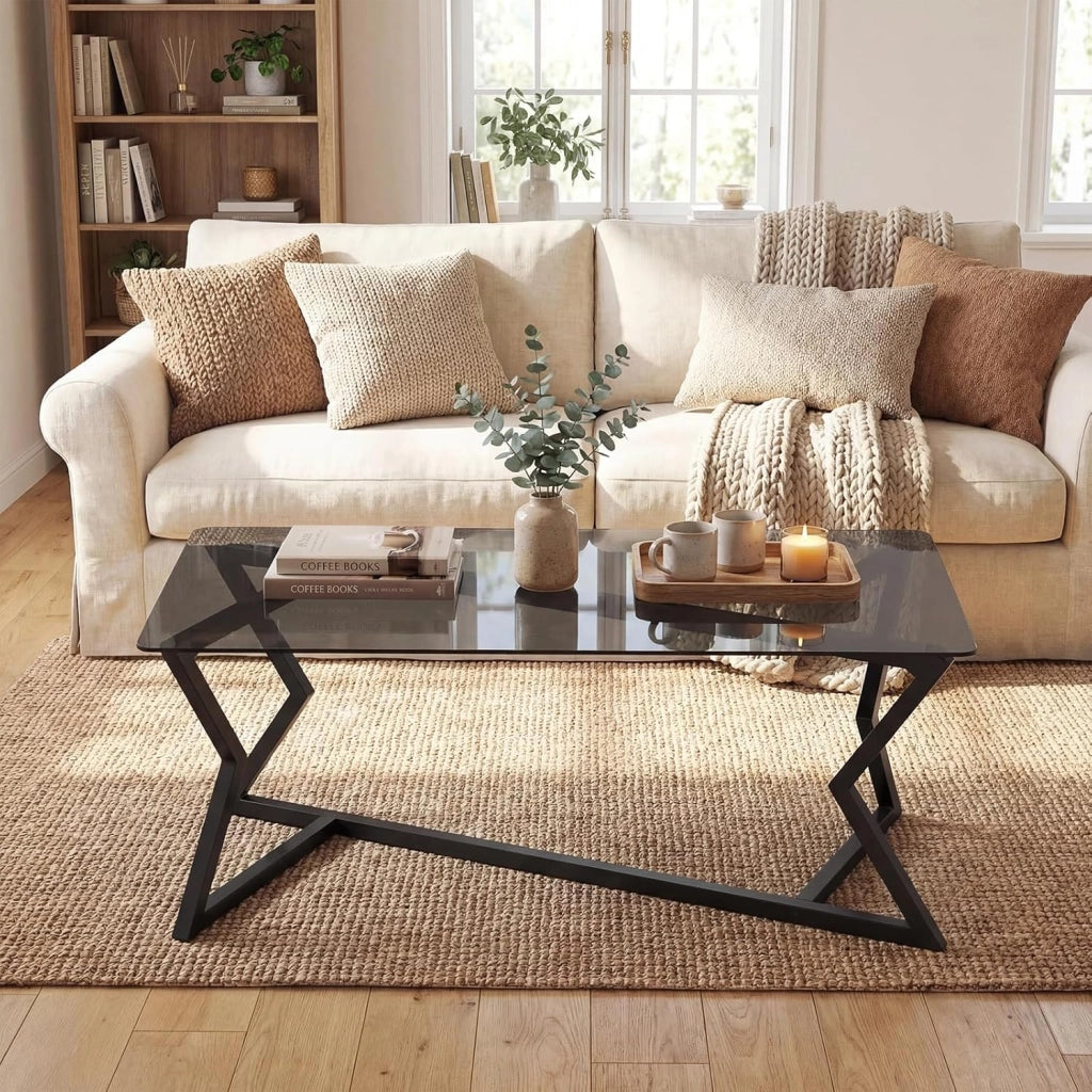 Tavolino in Vetro, Tavolo da Salotto Rettangolare Pieghevole con Struttura in Metallo Geometrico, Piedini Regolabili, Stile Moderno, Salvaspazio per Soggiorno, Ufficio, Camera, Portata 50 KG
