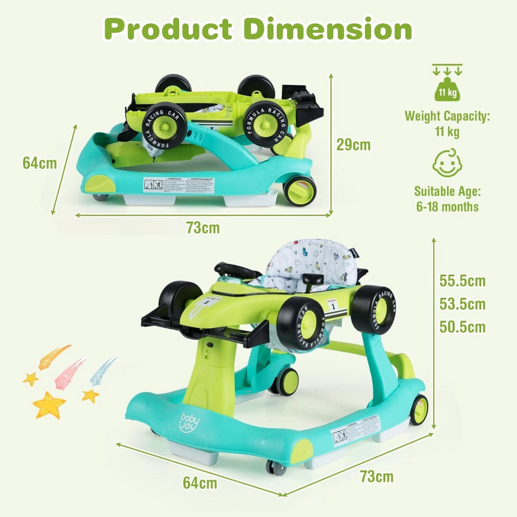 Girello per Bambini 6-18 Mesi, Baby Walker 4 in 1 con Musica e Luci, Primi Passi Piegevole e Portatile, Altezza e Velocità Regolabili, Carrello da Spinta, Forma di Macchinina (Blu + Verde)