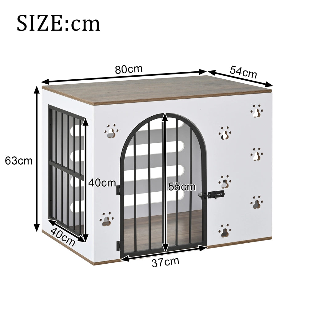 Scaffale 2 in 1 per cani con ciotole in acciaio rialzate struttura in MDF e metallo bianco e rovere chiaro