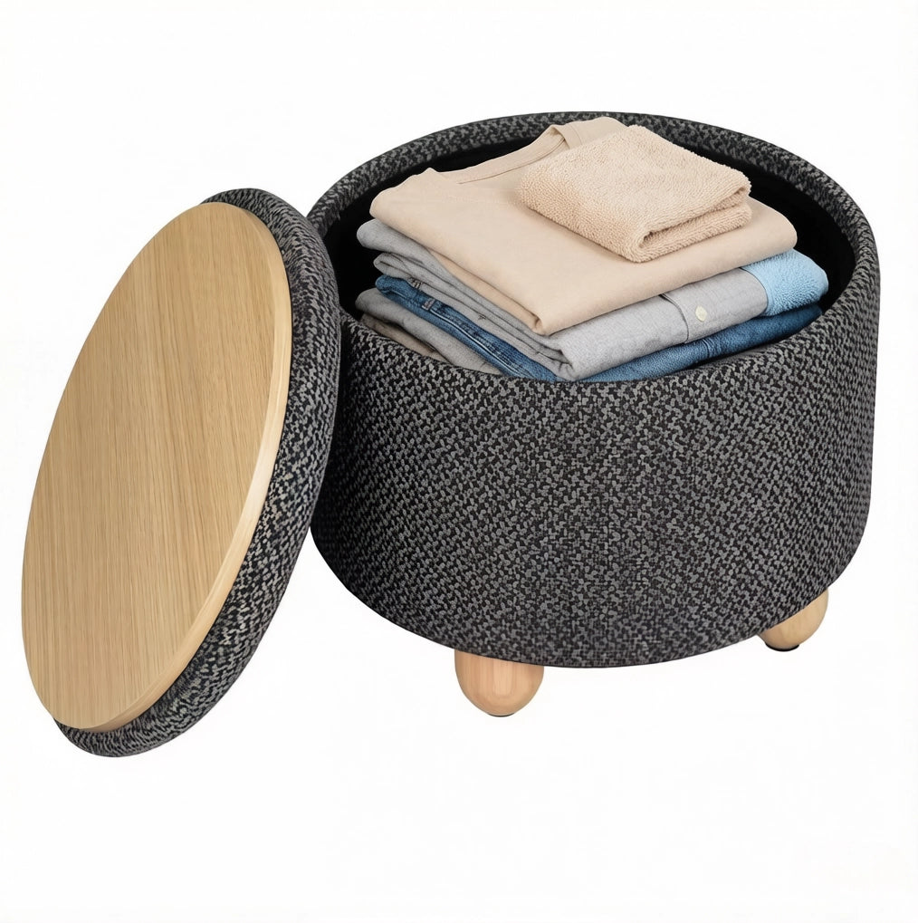 Puff rotondo con contenitore e vassoio in lino scuro 39x39x33 cm