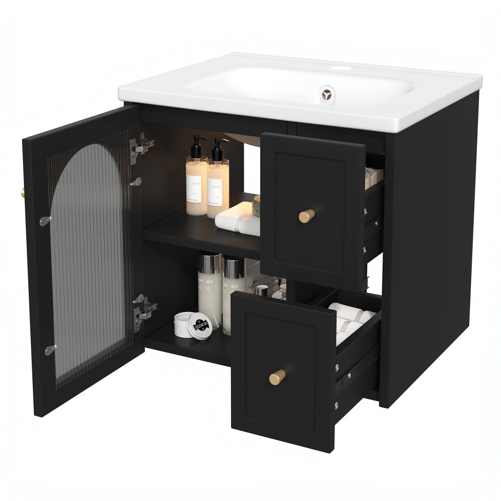 Mobile Bagno Sospeso con Lavabo in Ceramica, LED e Anta in Vetro ¨C MINIMAL ¨C Nero/Bianco