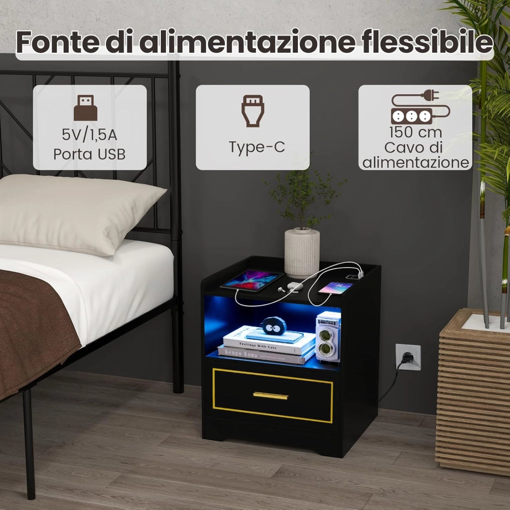 Comodino con LED, Comodino Intelligente con 2 Porte USB, Ripiano Aperto e Cassetto, Luci a Colori Variabili, Bianco, 45 x 40 x 50 cm (2, Nero)