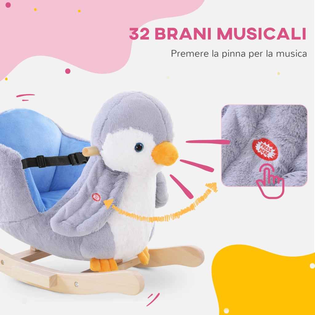 Cavallo a Dondolo a Pinguino in Peluche con 32 Musiche e Cintura di Sicurezza, Et¨¤ 18 Mesi