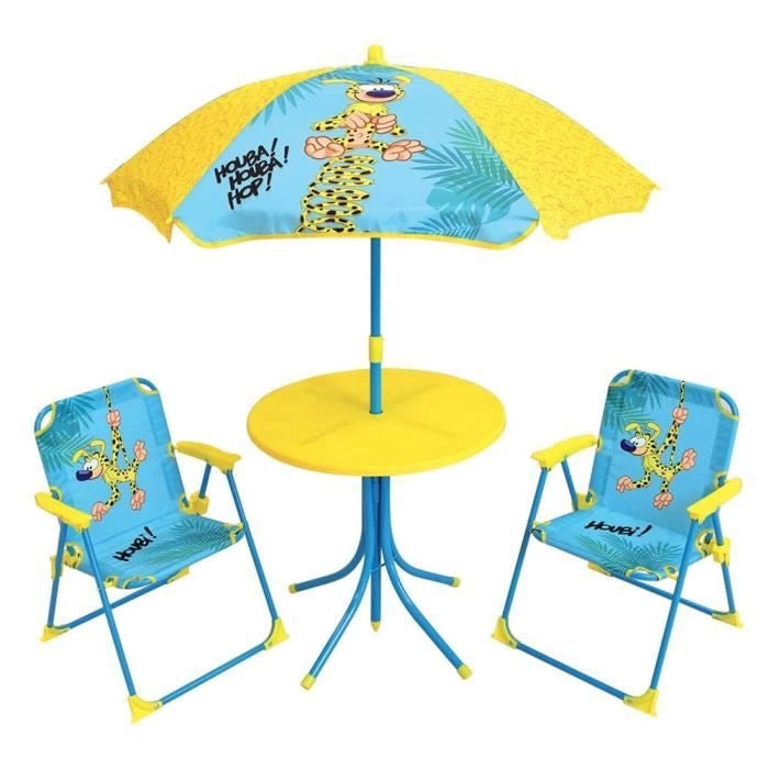 MARSUPILAMI Mobili da giardino per bambini comprensivi di 1 tavolo, 2 sedie pieghevoli e 1 ombrellone
