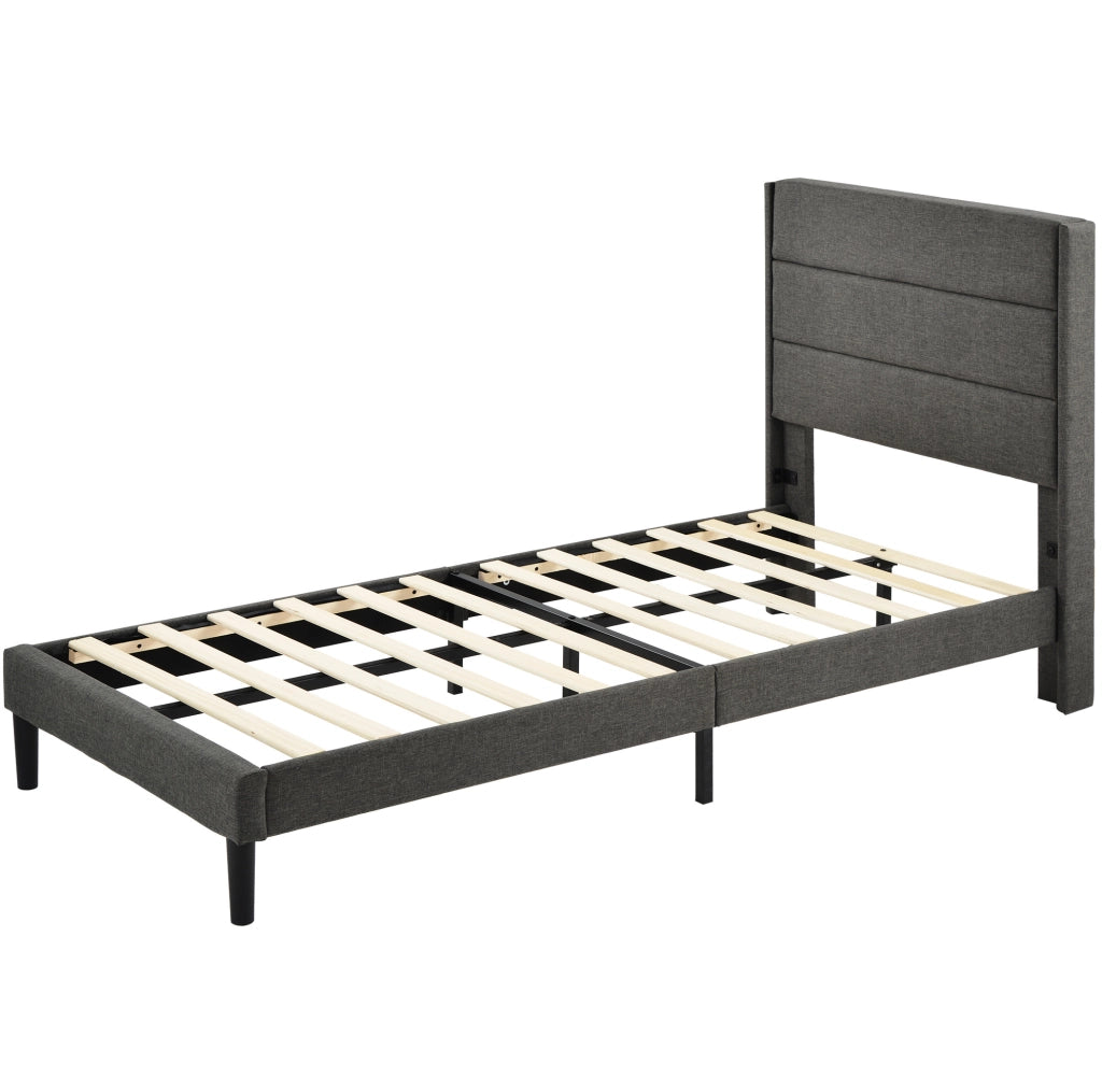 Letto imbottito 90x200 cm con testiera; rete a doghe e rivestimento in lino grigio