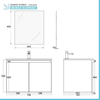 Mobile bagno sospeso 70 cm rovere africa con 2 ante soft-close Kleo