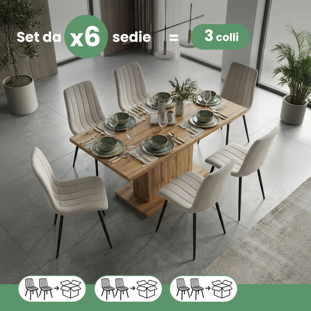 Set di 6 Sedie in velluto trapuntate LIVO Beige gambe nere