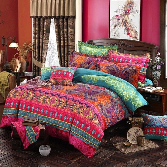Set da letto bohemiano con stampa mandala - 3 pezzi - Incluso cuscini e copriletto con chiusura a righello