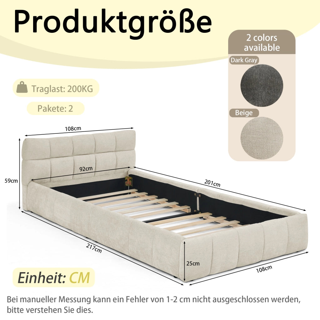 Letto Singolo 90x200 cm in Chenille; con Trapuntatura Quadrata; in Legno e Ferro; Beige