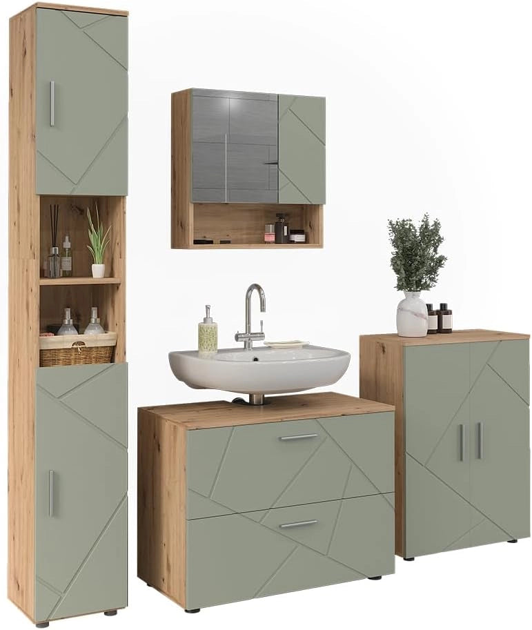 Set di mobili da bagno Irma, Verde salvia, 80 cm, composto da mobile lavabo, pensile a specchio, colonna e base media