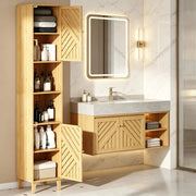 Armadietto da bagno alto con 2 vani aperti, 2 ante e ripiani regolabili, in bambù e truciolare, 32 × 30 × 170 cm