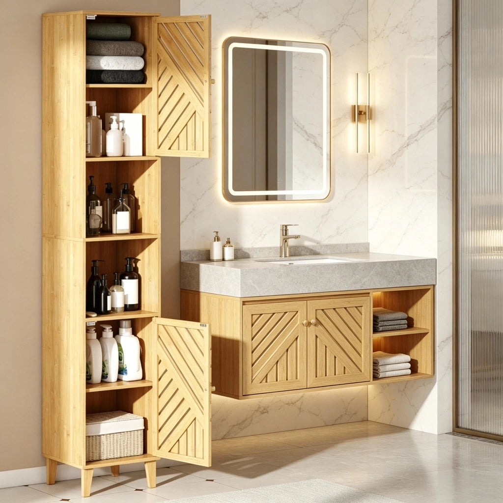 Armadietto da bagno alto con 2 vani aperti, 2 ante e ripiani regolabili, in bambù e truciolare, 32 × 30 × 170 cm