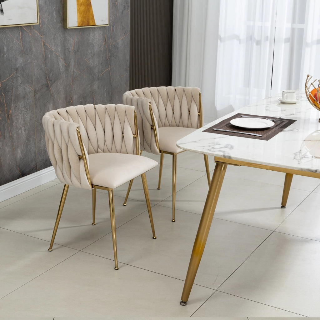 Sedia da pranzo in velluto avorio con gambe in metallo oro