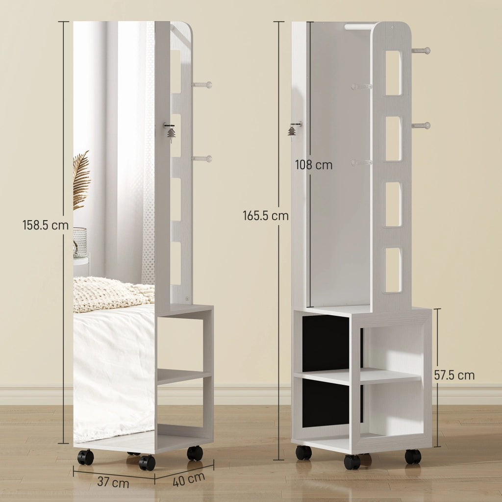 Specchio Girevole con Armadietto Portagioielli e Appendiabiti 37x40x165,5 cm Luce LED Regolabile e Serratura in MDF