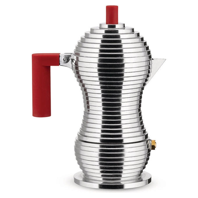Alessi Pulcina caffettiera moka 3 tazze, MDL02-3 R, alluminio rosso, beccuccio antigoccia, made in Italy