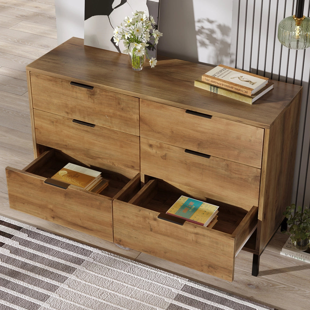 Cassettiera con 6 Cassetti; Struttura in Metallo; Stile Industriale; per Camera; in Pannello Truciolare; Rovere Scuro; 120??40??76 cm