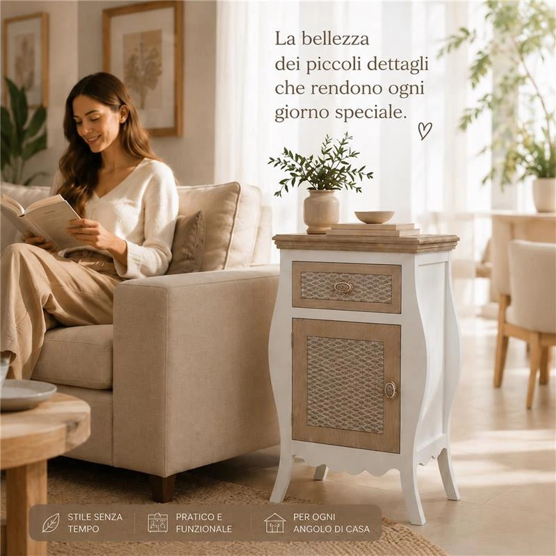 CHARM COMODINO CON CASSETTO E ANTA 48 X 34 X 77 CM COLORE BIANCO E CREMA