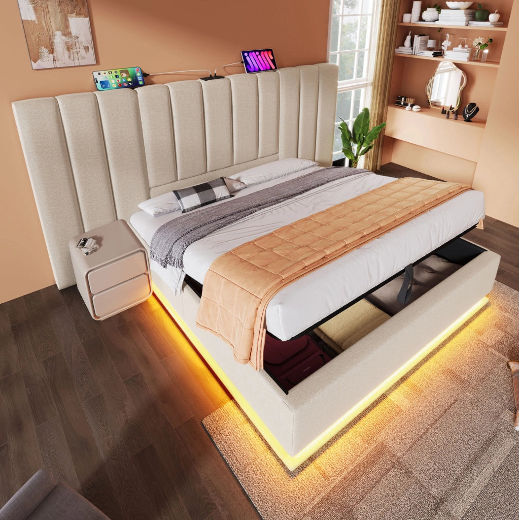 Letto matrimoniale contenitore 160x200 cm con LED 360°; 3 USB e Type-C; beige in lino