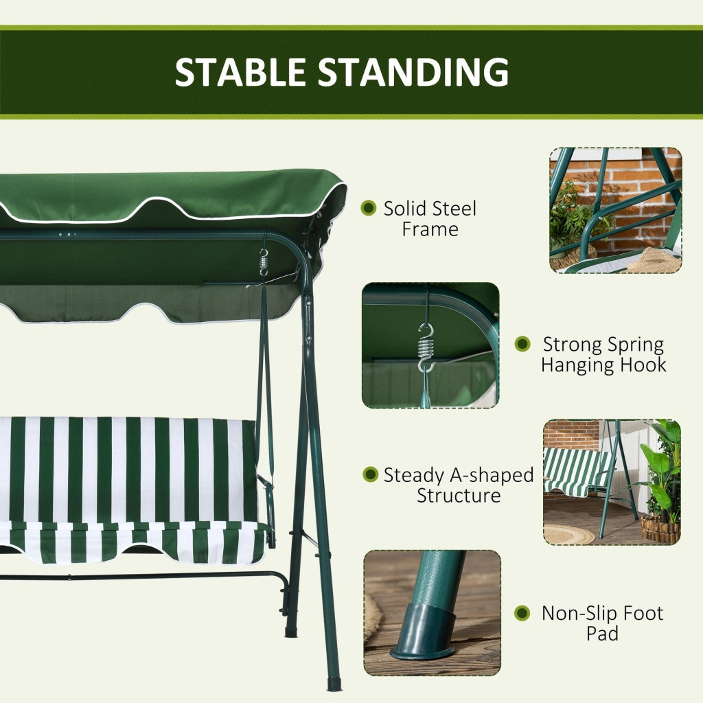 Easycomfort Dondolo da Giardino 3 Posti in Acciaio e Teslin con Tetto Parasole, 172x110x153 cm, Bianco e Verde