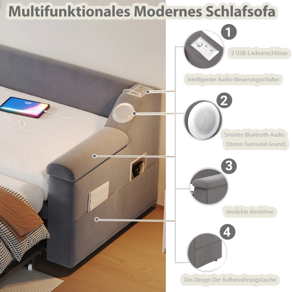 Letto imbottito estraibile matrimoniale 90×190 cm e 180×190 cm con USB; ripiani e Bluetooth; senza materasso; grigio