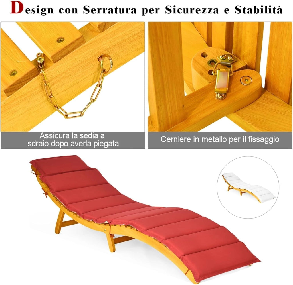 Lettino Prendisole Pieghevole per Giardino, Sedia a Sdraio Pieghevole da Esterno in Legno, Lettino da Esterno con Cuscino per Giardino, Prato, Cortile, Portata 180 kg, 190 x 55 x 52 cm (1)