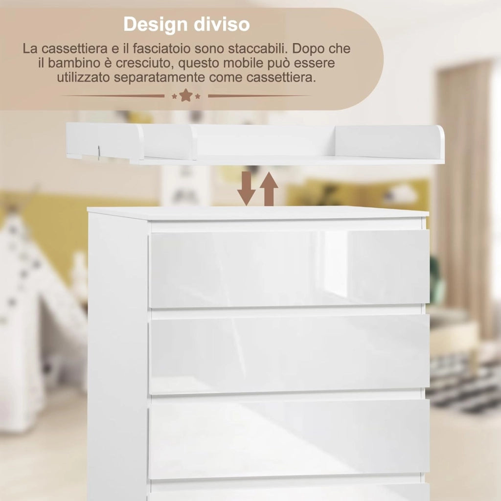 Mobile Fasciatoio per Bambini, Cassettiera con 4 Cassetti, Cassettone con Ripiano Fasciatoio Rimovibile, in Legno MDF e Truciolare, Bianco+Evidenzia Bianco