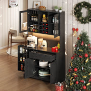 Credenza e madia con 5 ante, 1 cassetto, LED e presa, per cucina e sala da pranzo, in MDF, nero, 180 × 105 × 40 cm