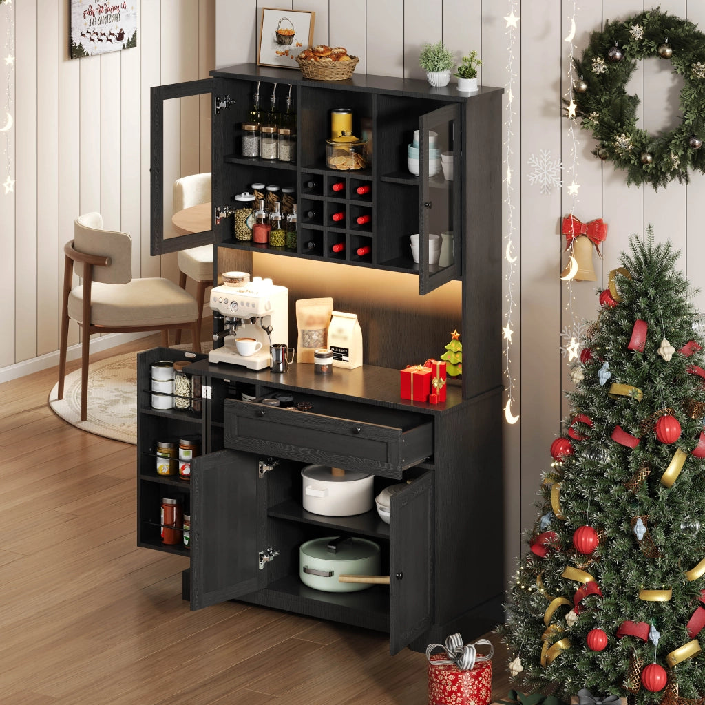 Credenza e madia con 5 ante, 1 cassetto, LED e presa, per cucina e sala da pranzo, in MDF, nero, 180 × 105 × 40 cm