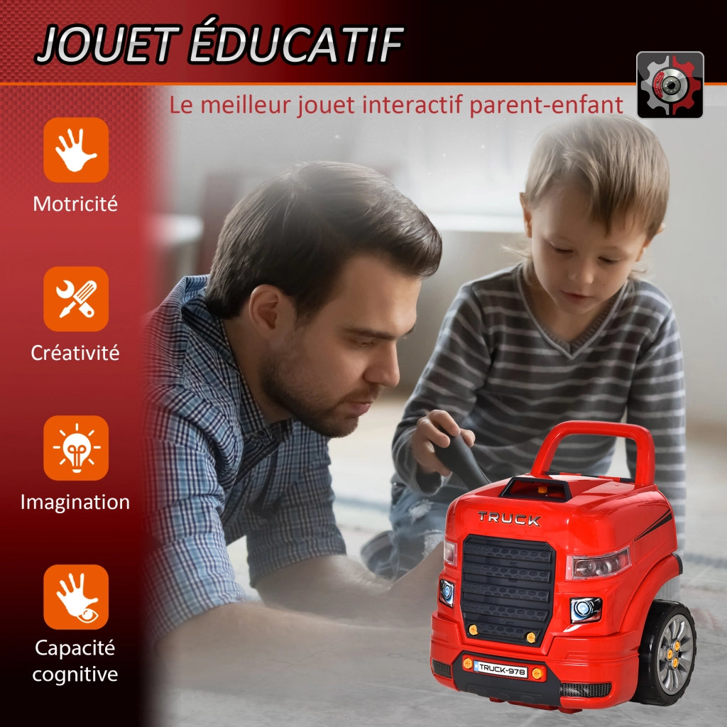Camion Officina 2 in 1 - Xylo - Banco da Lavoro con 61 Accessori, Luci e Suoni, Rosso