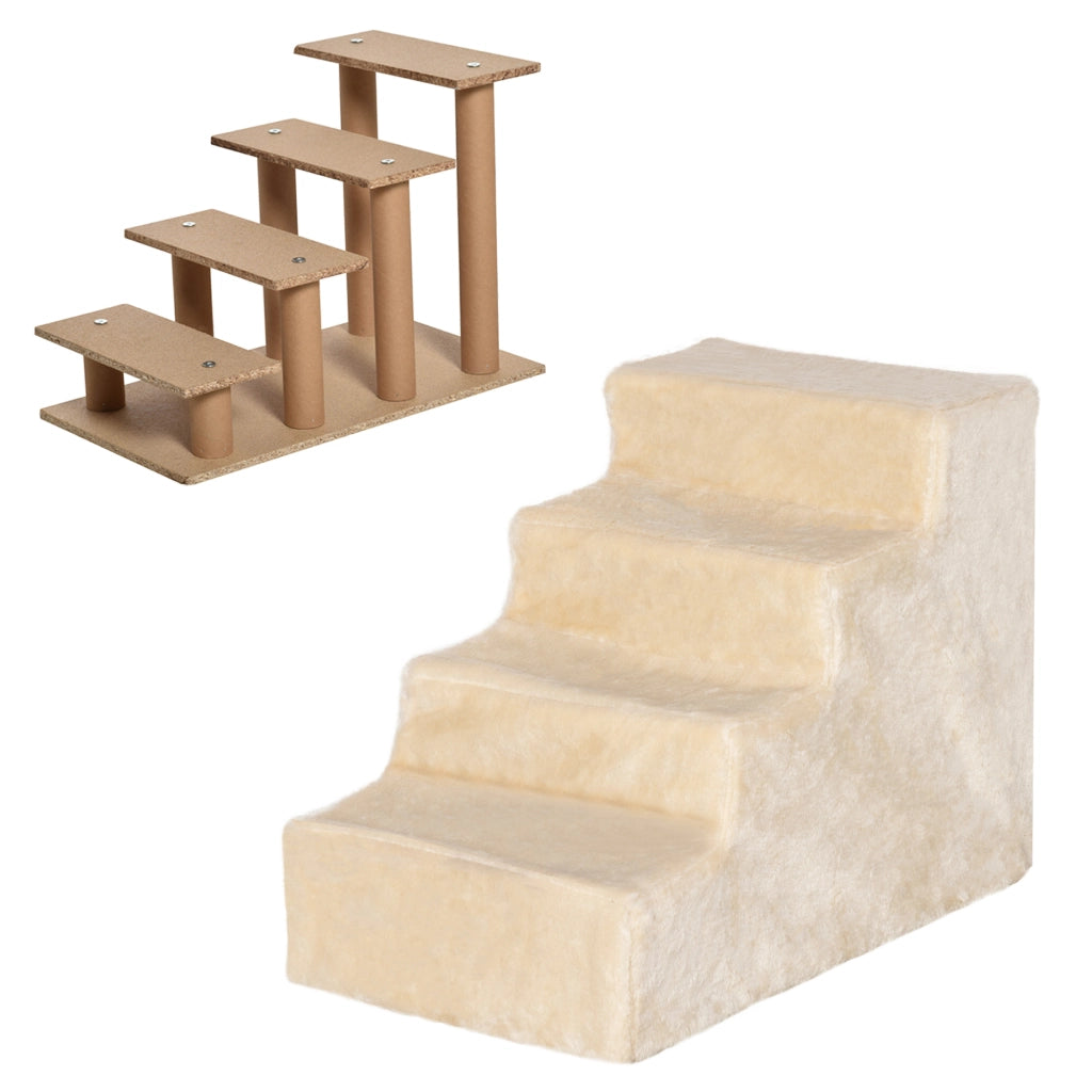 Scaletta per animali a 4 gradini con rivestimento sfoderabile in pile per divano e letto beige 60 × 35 × 44 cm