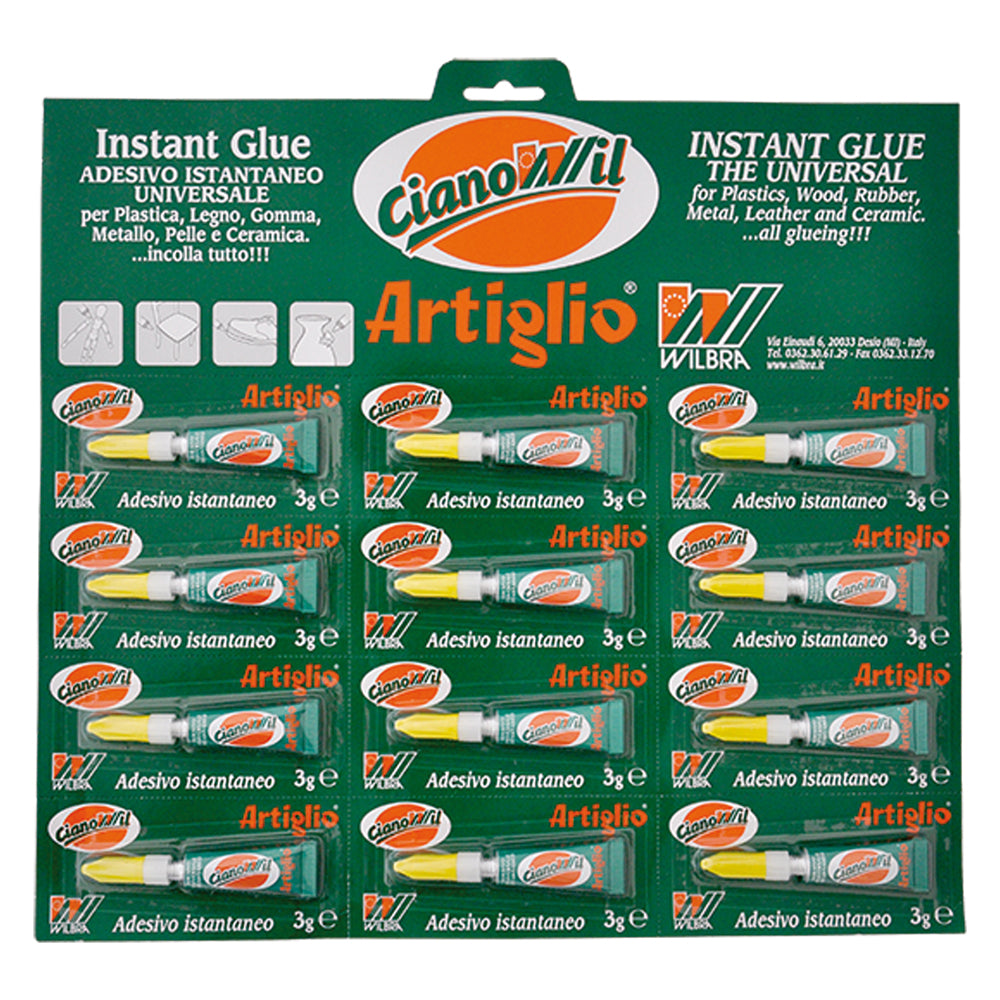 ADESIVO CIANOCRILATO 'ARTIGLIO CIANOWIL' gr.3 - 12 tubetti display appendib.  - WILBRA