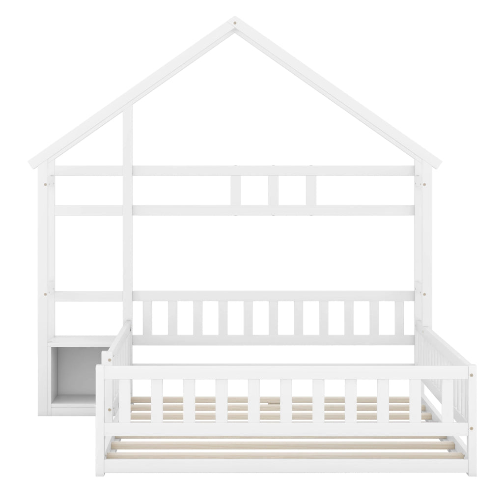 OKWISH Letto a Casetta 140×200 cm, Letto Matrimoniale con Sponda 31 cm e Comodino, senza Materasso, in Pino, Bianco