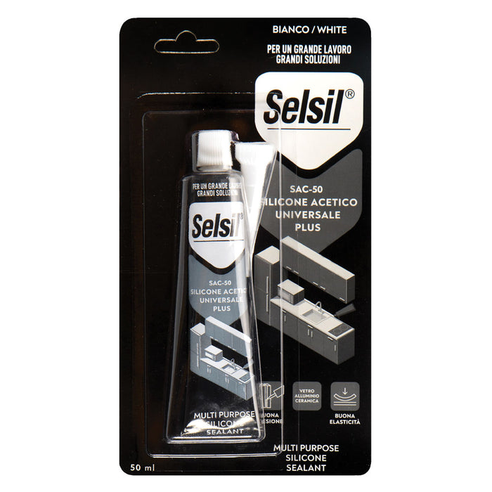 SILICONE ACETICO UNIVERSALE 'SAC 100' bianco ml 50 - (ral 9010) tubetto- 12 pezzi  - SELSIL