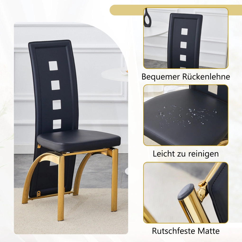 Set di 2 sedie da pranzo con schienale traforato; PU nero e gambe dorate