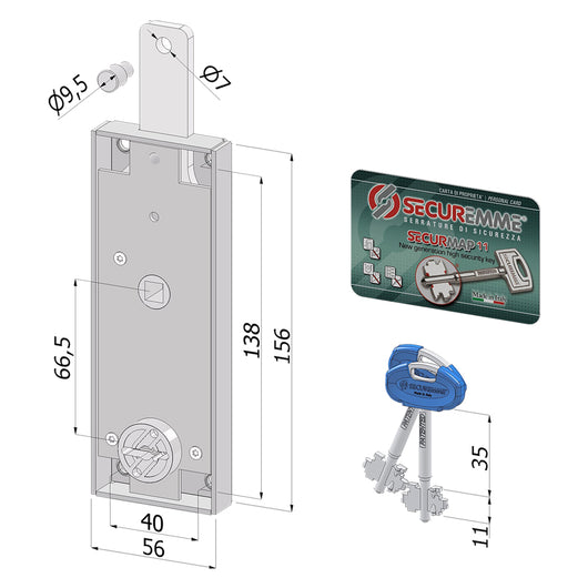 SERRATURA CENTRALE PER PORTA BASCULANTE '2240' catenaccio diritto  - SECUREMME