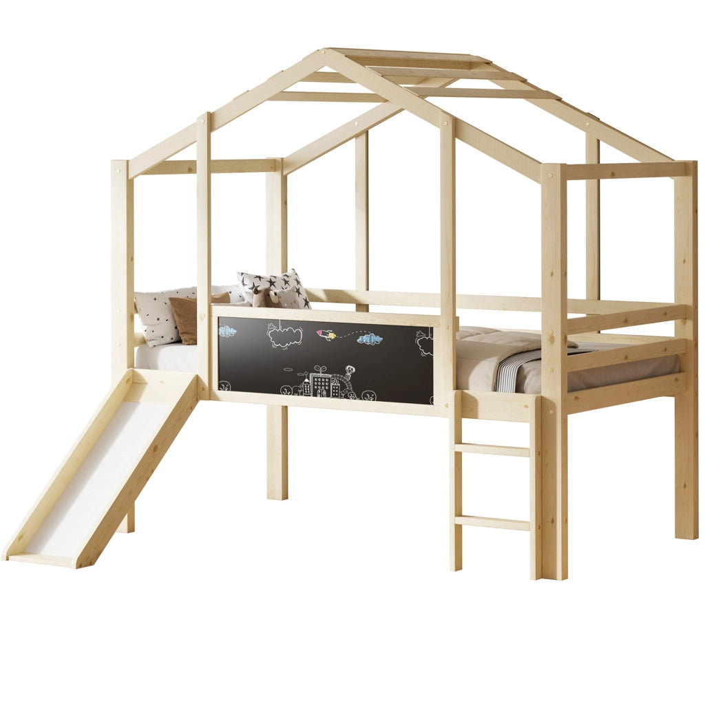 Letto a soppalco per bambini 90x200 cm con scivolo e lavagna