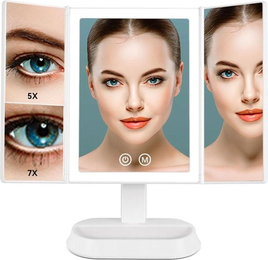Specchio di trucco con illuminazione LED e touchscreen, Triplo ingrandimento 1x 5x 7x, Rotazione regolabile 90°, Funziona con batterie e USB, Specchio da toilette cosmetico (Bianco)