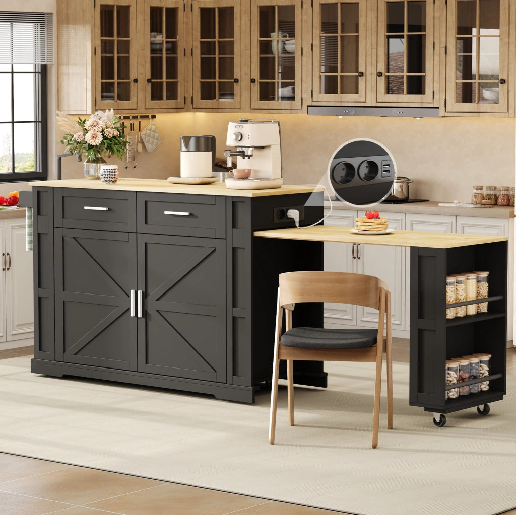 Isola cucina mobile con piano estraibile e prese USB, nero/rovere