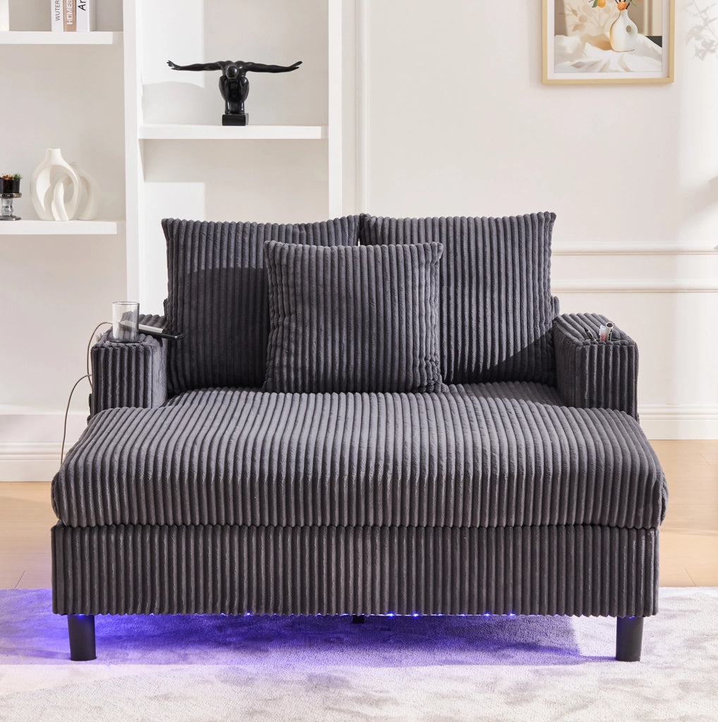 Poltrona relax oversize con LED; USB e portabicchieri 142x128x85 cm in velluto a coste grigio scuro