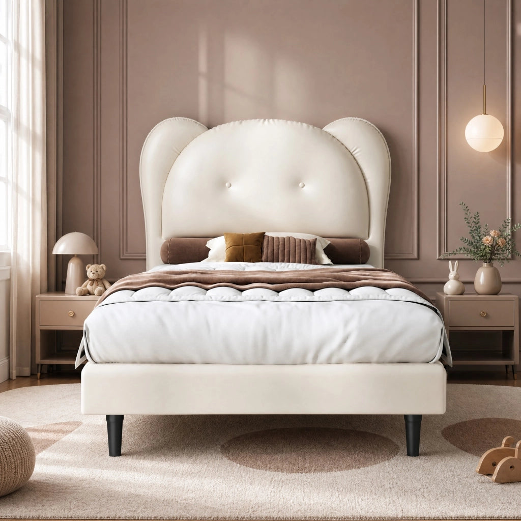 Letto singolo 90 × 200 cm con testiera a forma di animale imbottito in PU beige con rete a doghe in compensato