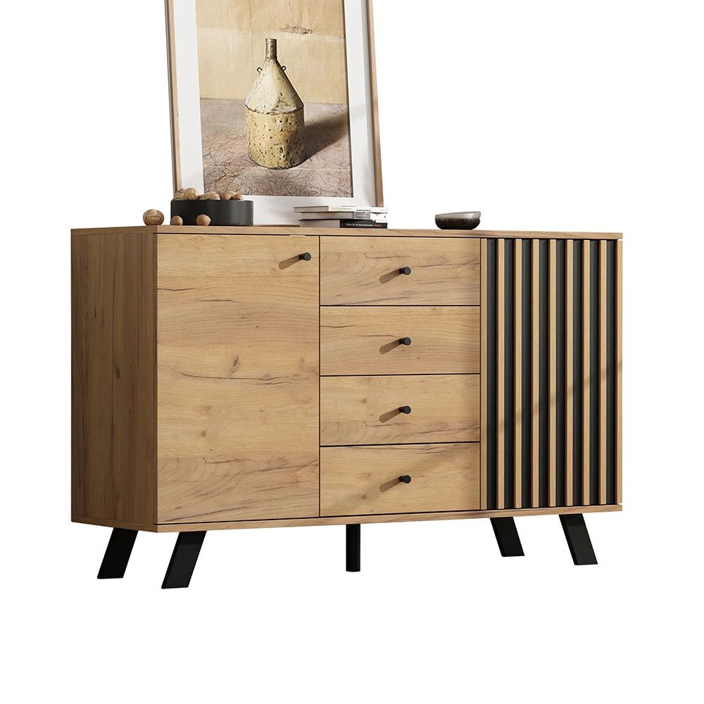 Credenza Soggiorno 120x38x75cm - Xylo - 4 Cassetti e 2 Ante, 5 Piedi Legno