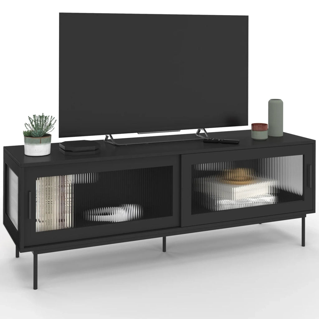 IDMarket - Mobile TV ZINEB 140 cm, 2 ante scorrevoli in vetro, frontale nero scanalato