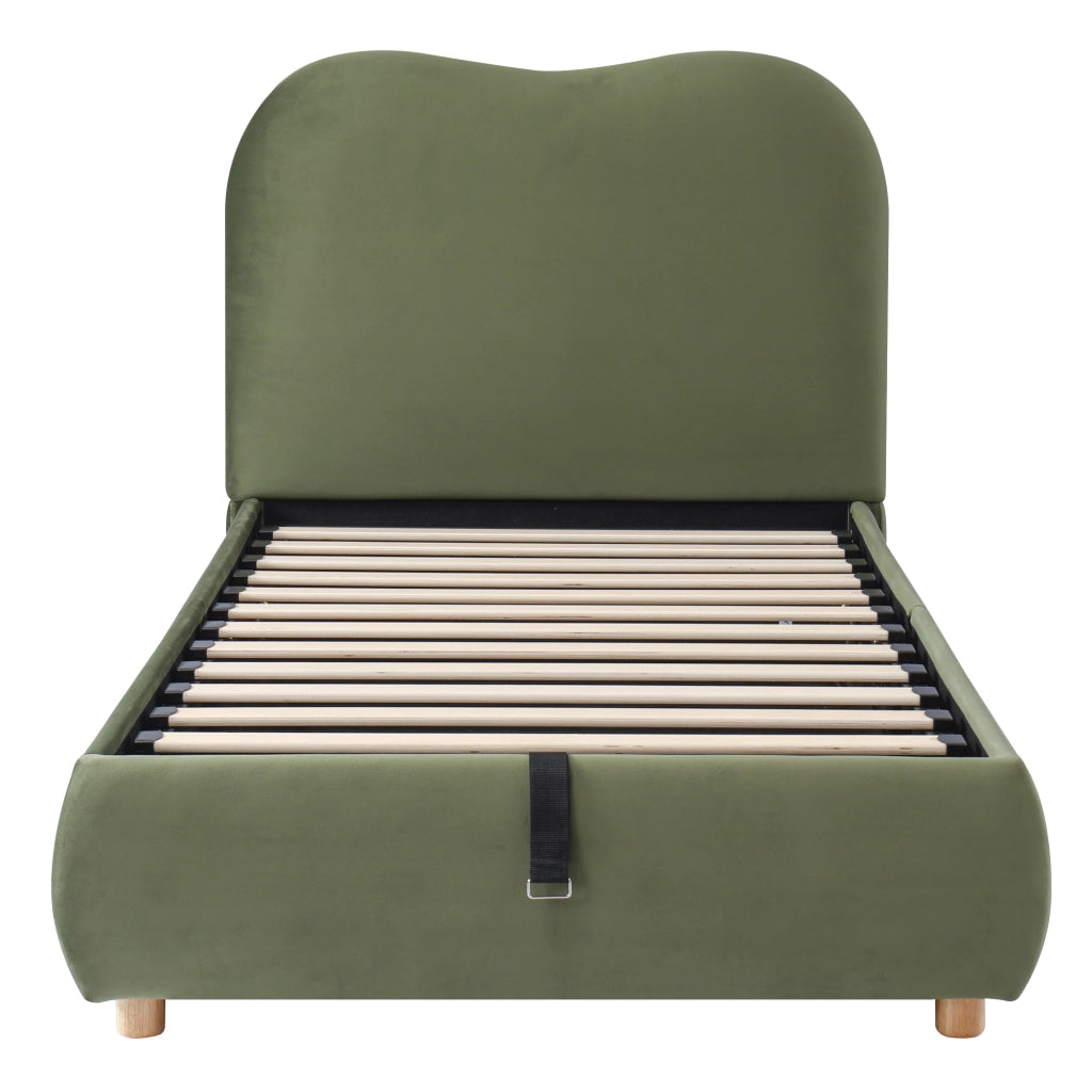 Letto imbottito per bambini con contenitore, rete a doghe, velluto verde