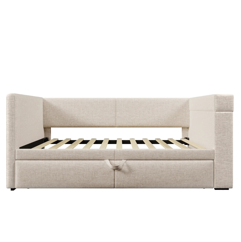 Divano letto 90x200 cm con letto estraibile e braccioli in cotone e lino beige