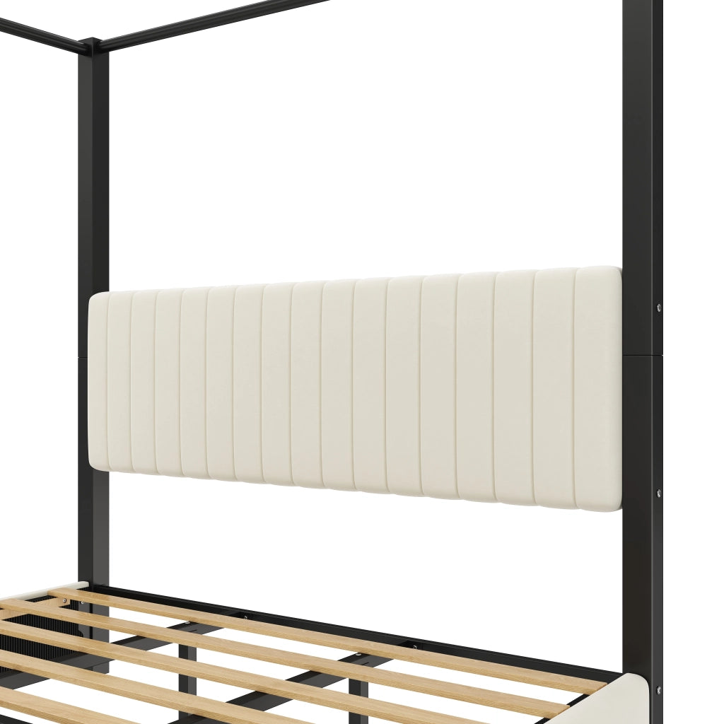 Letto matrimoniale 180 × 200 cm a baldacchino con testiera imbottita, struttura in metallo, senza materasso, beige e nero
