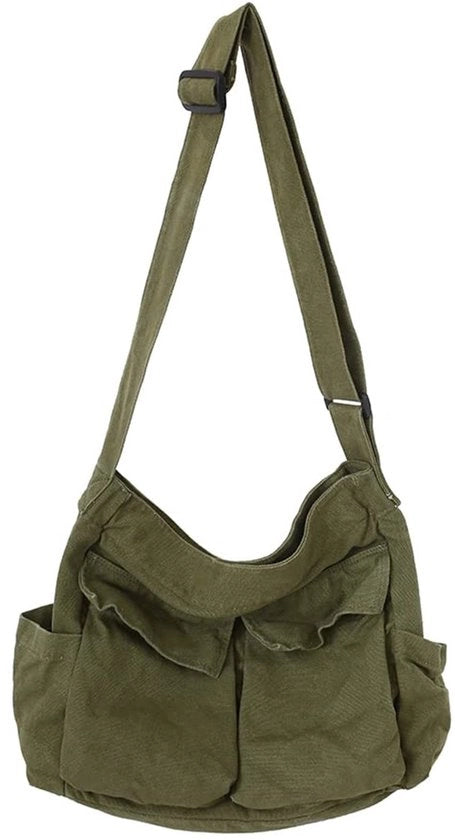 Borsa a messaggero grande capacità - Borsa da tracolla Hobo - Borsa a spalla in canapa - Progettata con più tasche - Prodotto sostenibile - Materiale resistente e duraturo