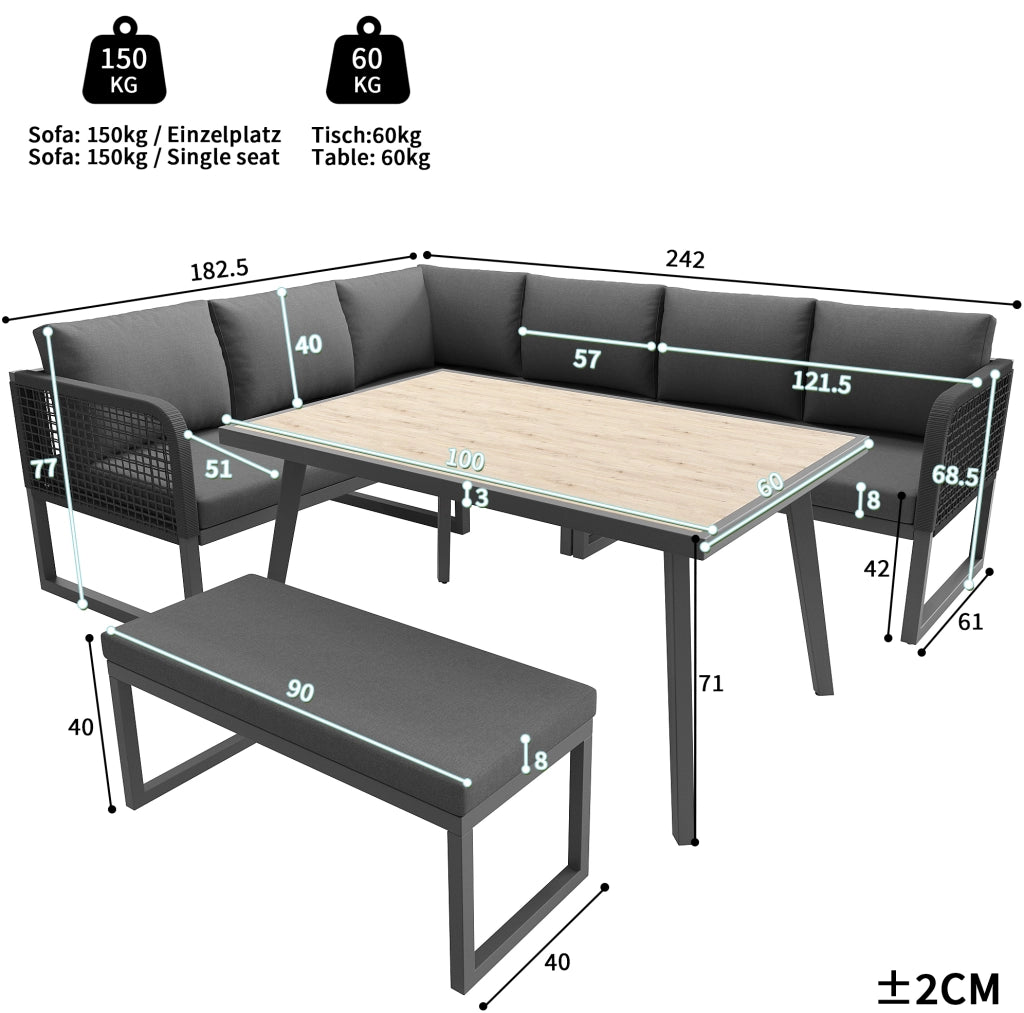 Set Mobili da Giardino in PE Rattan con Cuscini Spessi per 6-8 Persone, Tavolo e Divanetti Modulari Grigio